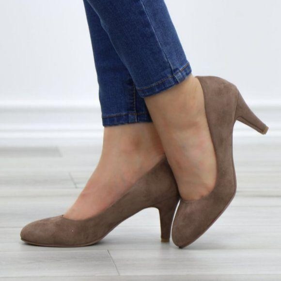 Dark Taupe Suede Round Toe Kitten Low Heel Pumps - Picture 2 of 8